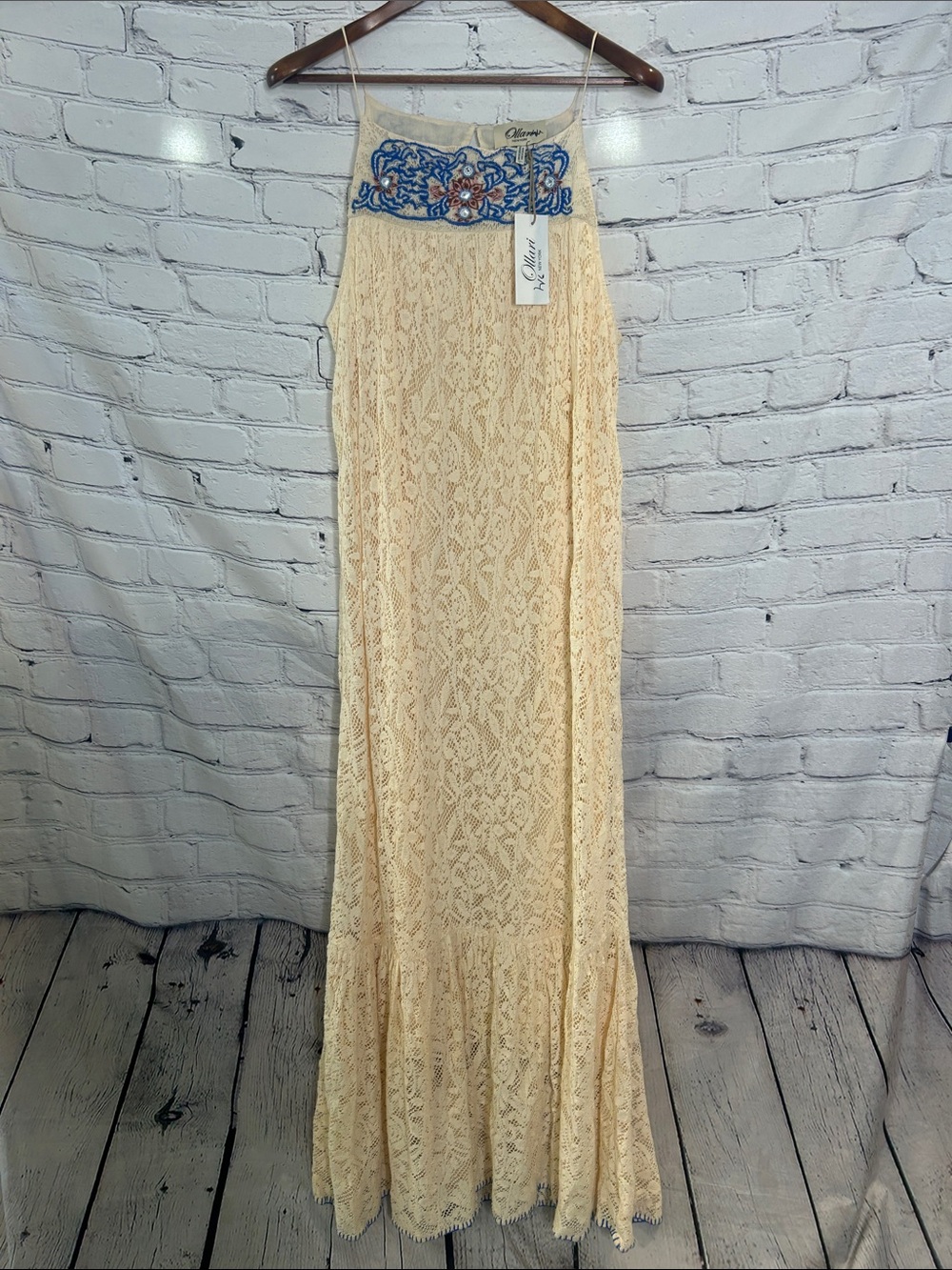 Ollari Cream Lace Maxi Dress with Blue Embroidered Yoke Size Large Brand New